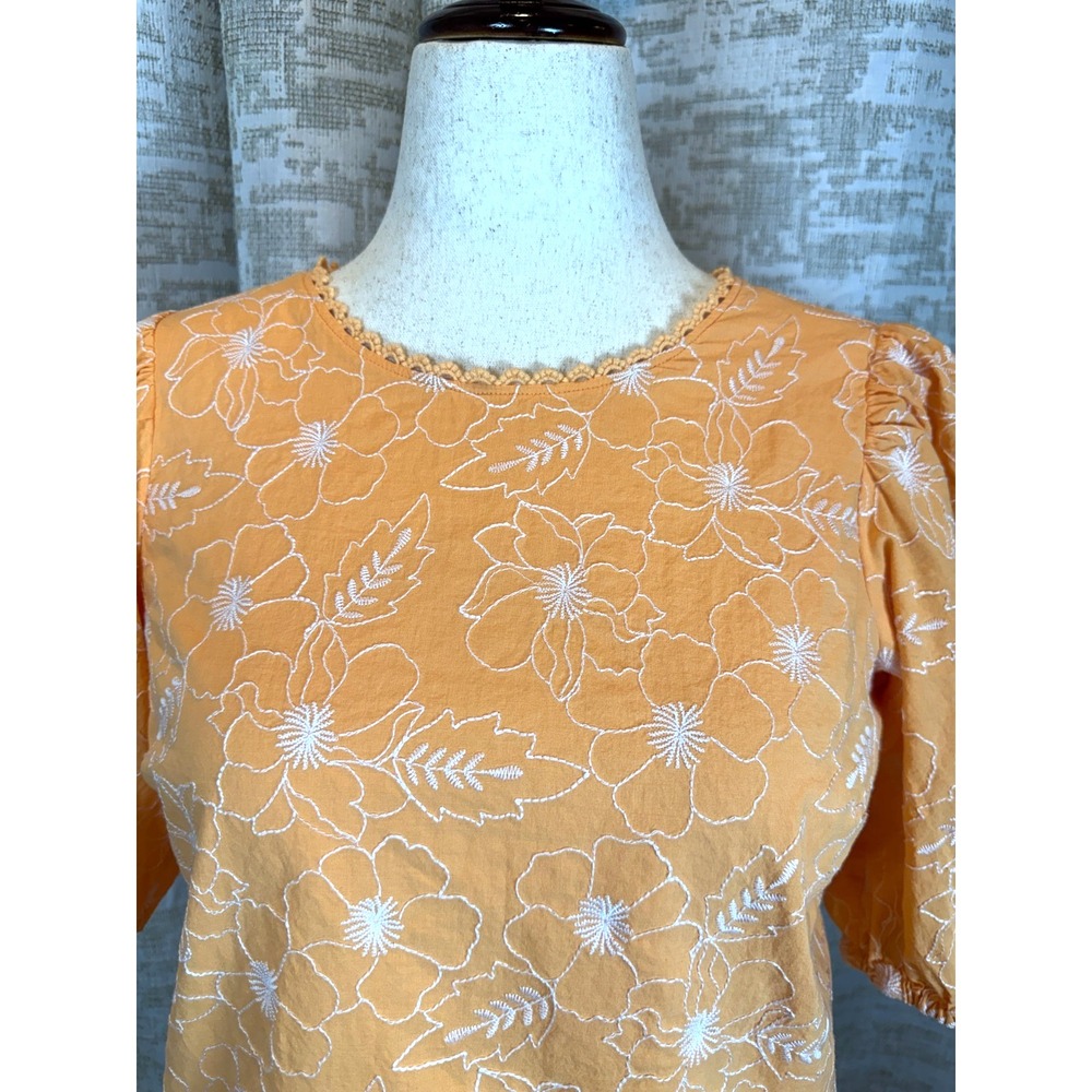 LOFT Orange Floral Embroidered Puff Sleeve Open Back Top Small Bohemian - Picture 4 of 9